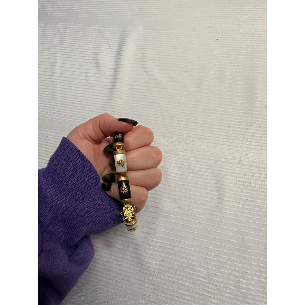 ONYX MOTHER OF PEARL GOLD VINTAGE BRACELET ORIENTAL MOTIF 8 Symbols - Picture 7 of 10